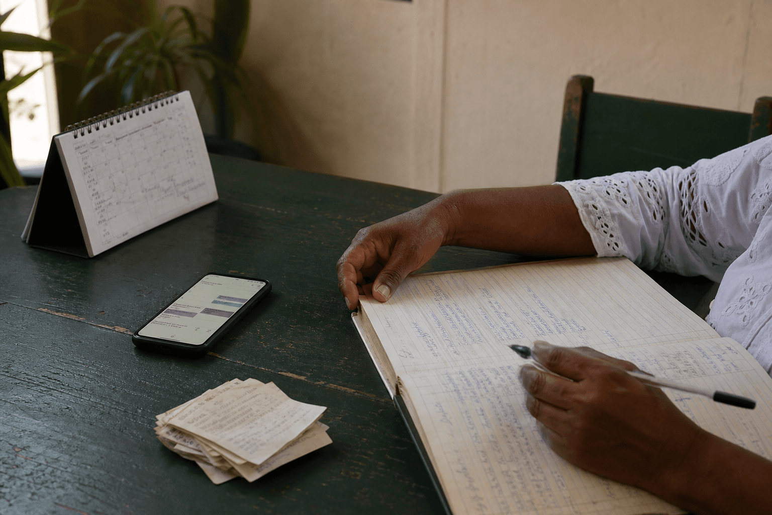 Mãos organizando caderno, calendário e celular sobre uma mesa